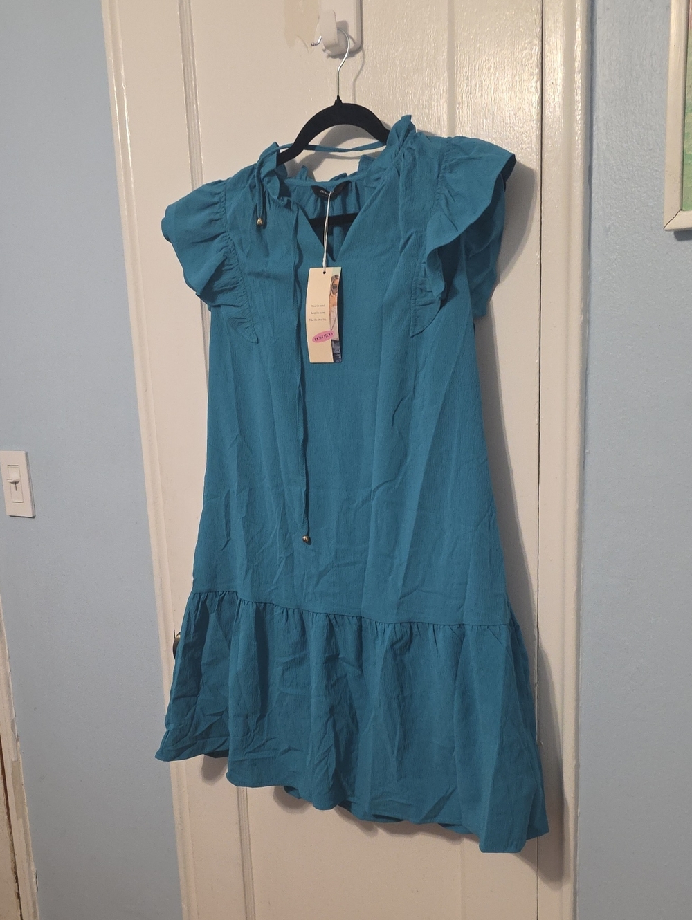 Casual Teal Ruffle Sleeve Mini Dress with Tie Neck